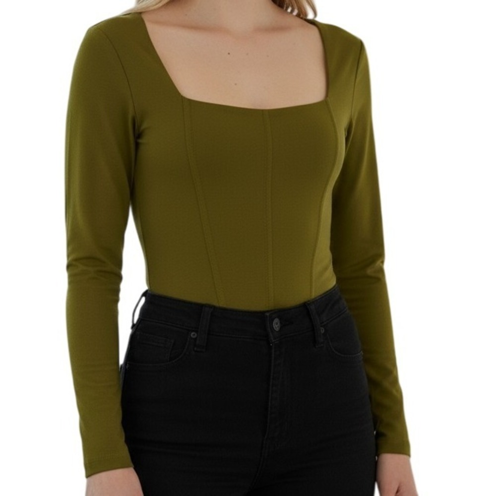 HOUSE OF HARLOW 1960 Square Neck Long Sleeve Olive Green Bodysuit NWOT XS